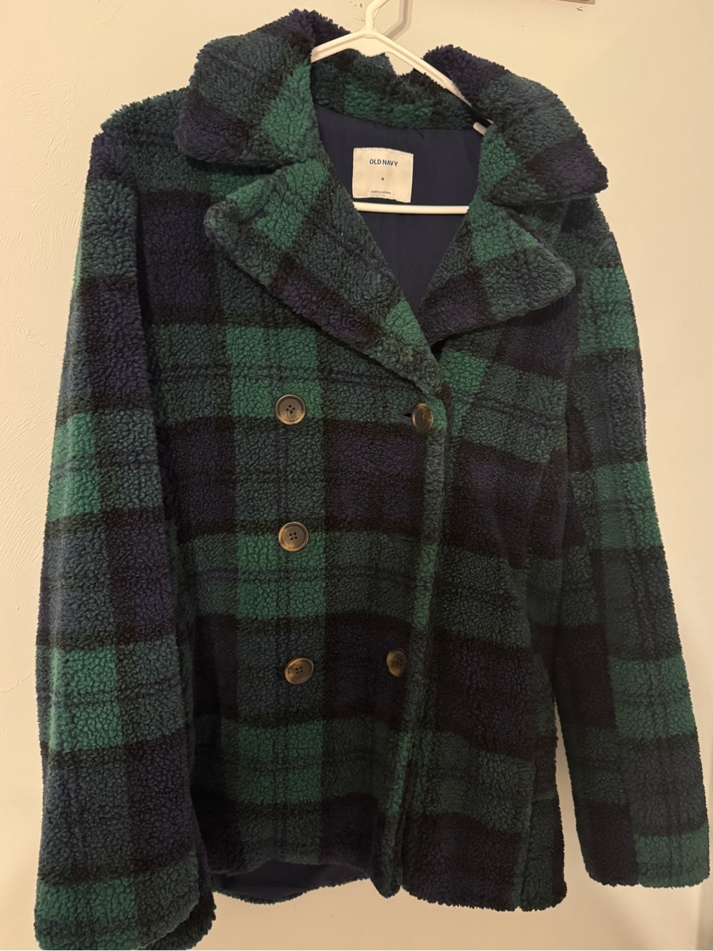 Old Navy Green & Navy Plaid Sherpa Peacoat